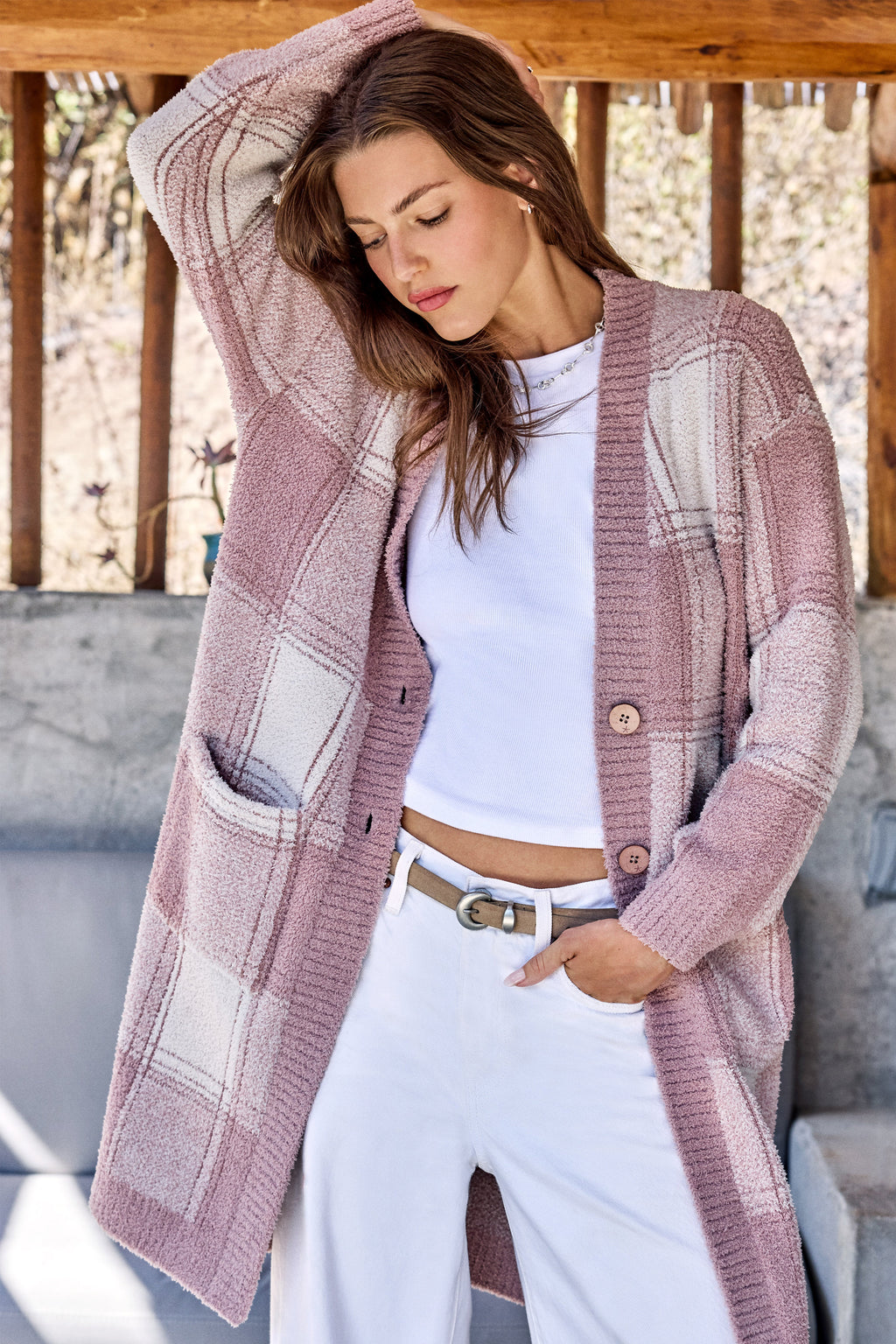 CozyChic® Cotton Buffalo Plaid Long Cardigan