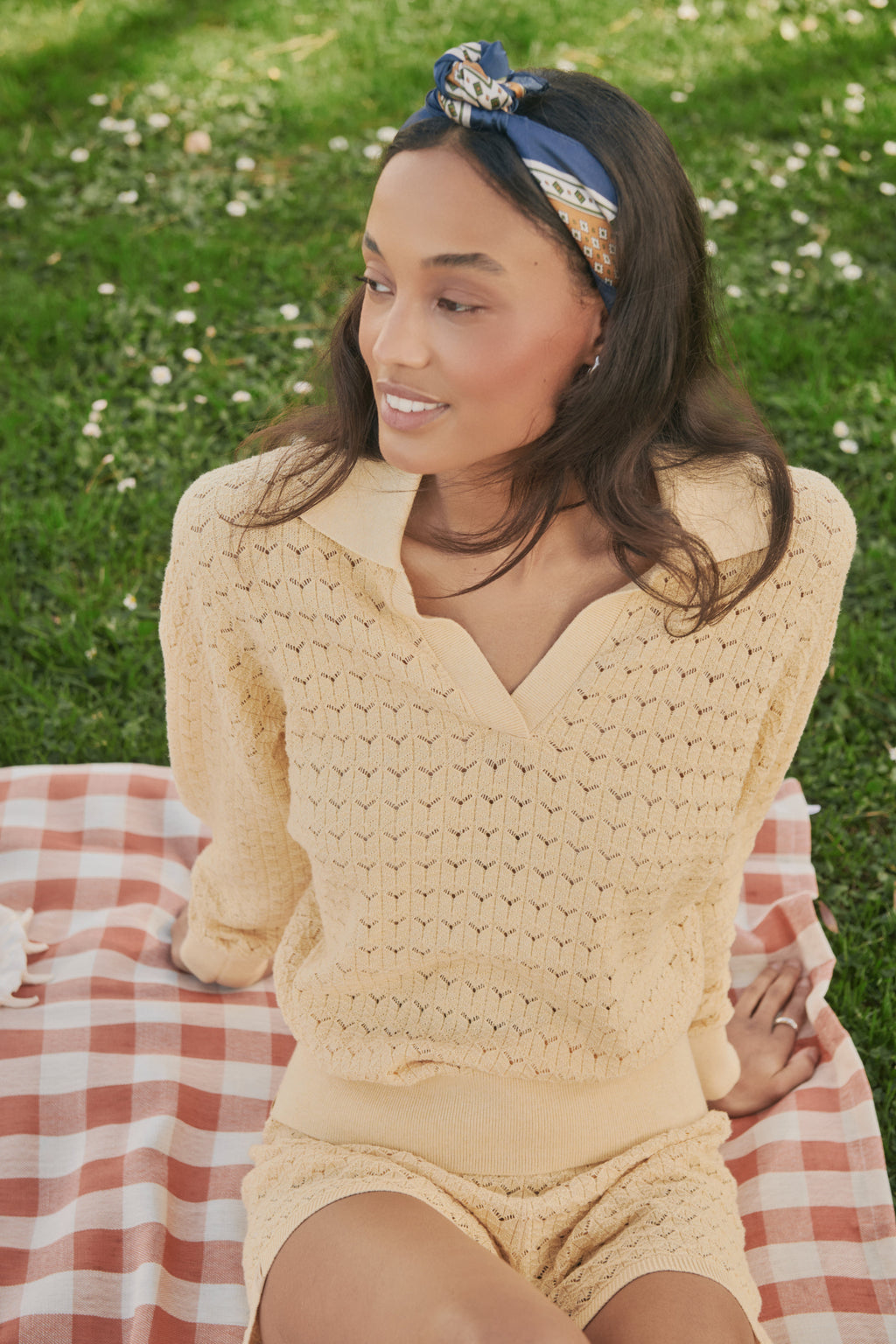Heathered Cotton Tulip Pointelle Collared Pullover