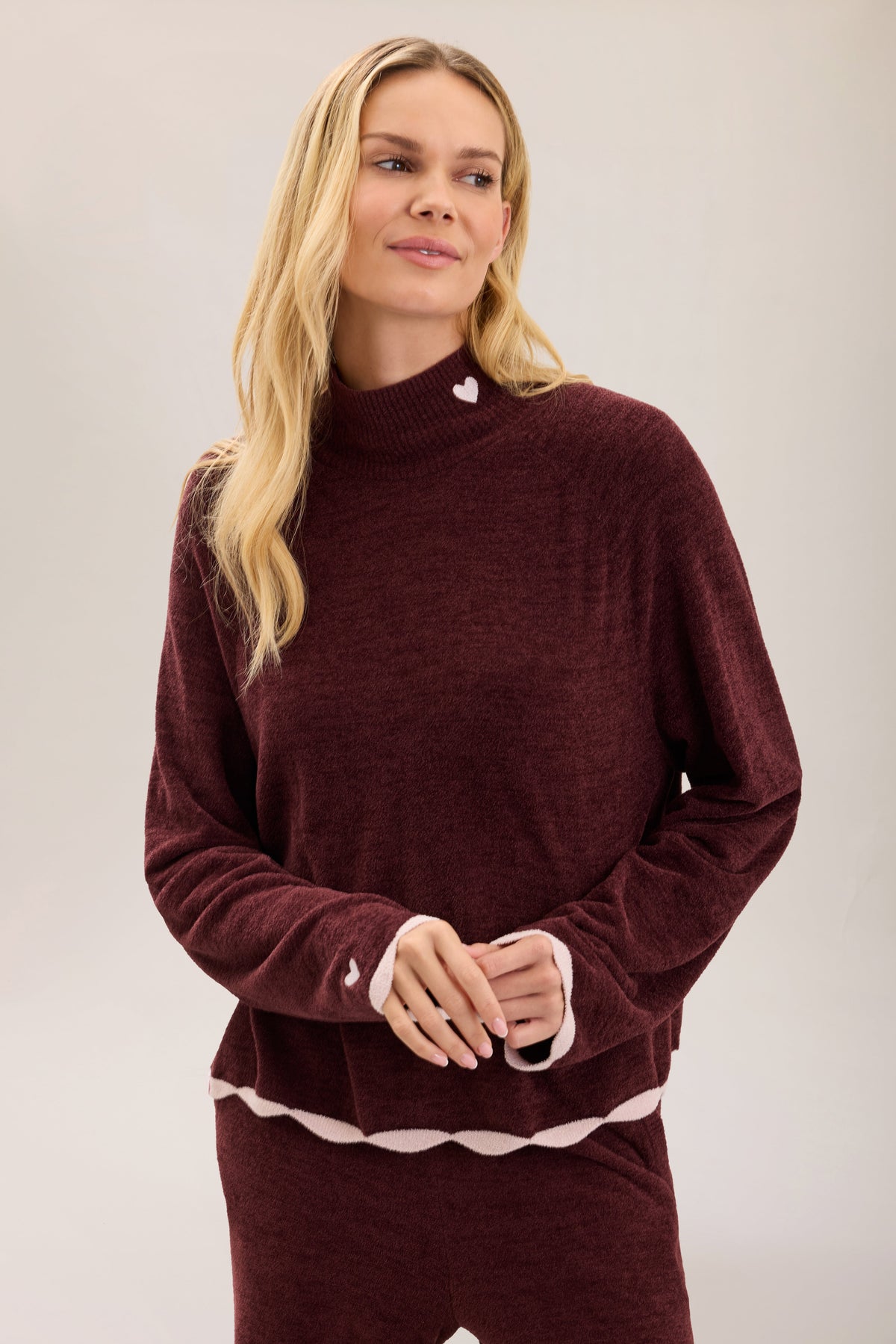 CozyChic Ultra Lite® Scallop Contrast Heart Mock Neck Pullover