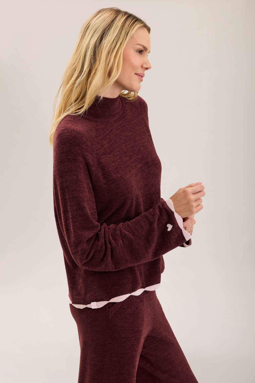 CozyChic Ultra Lite® Scallop Contrast Heart Mock Neck Pullover