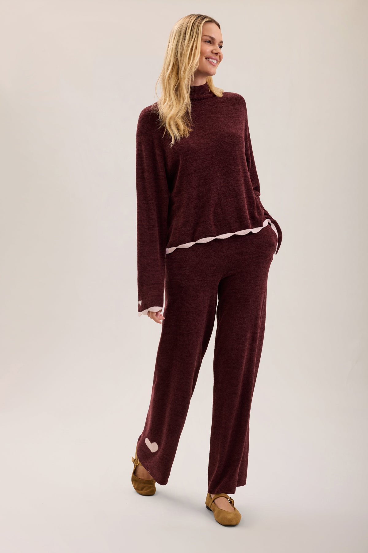 CozyChic Ultra Lite® Scallop Contrast Heart Mock Neck Pullover