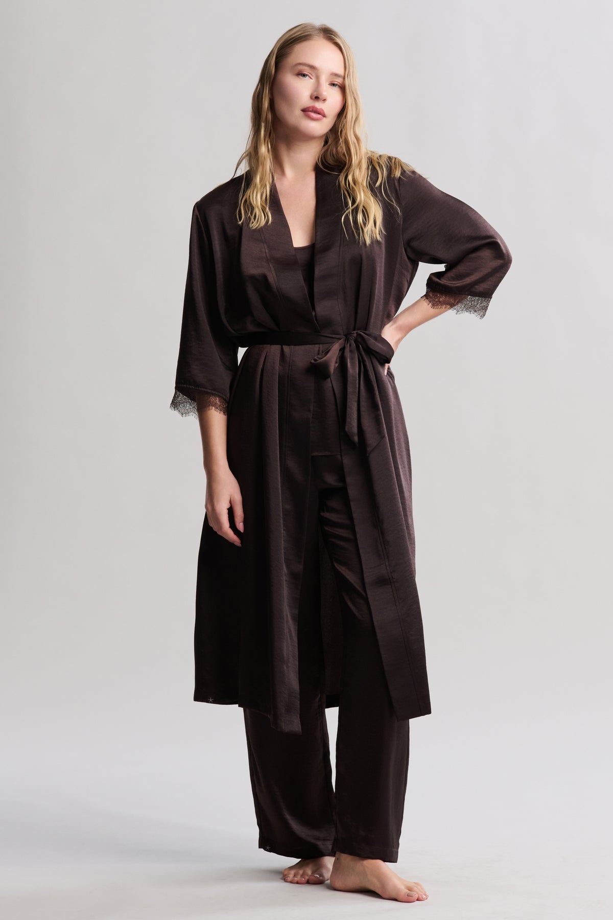 Liquid Satin Lace Kimono Robe