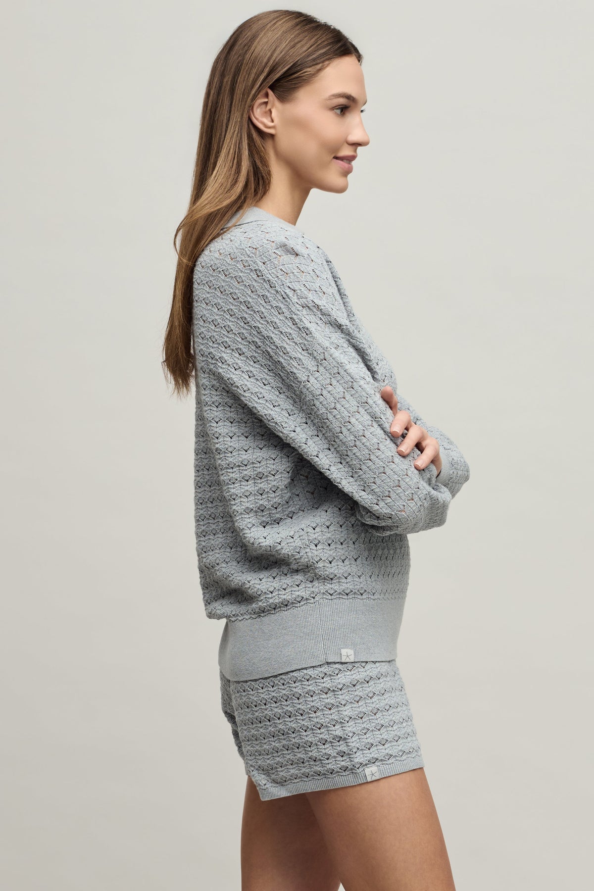 Heathered Cotton Tulip Pointelle Collared Pullover