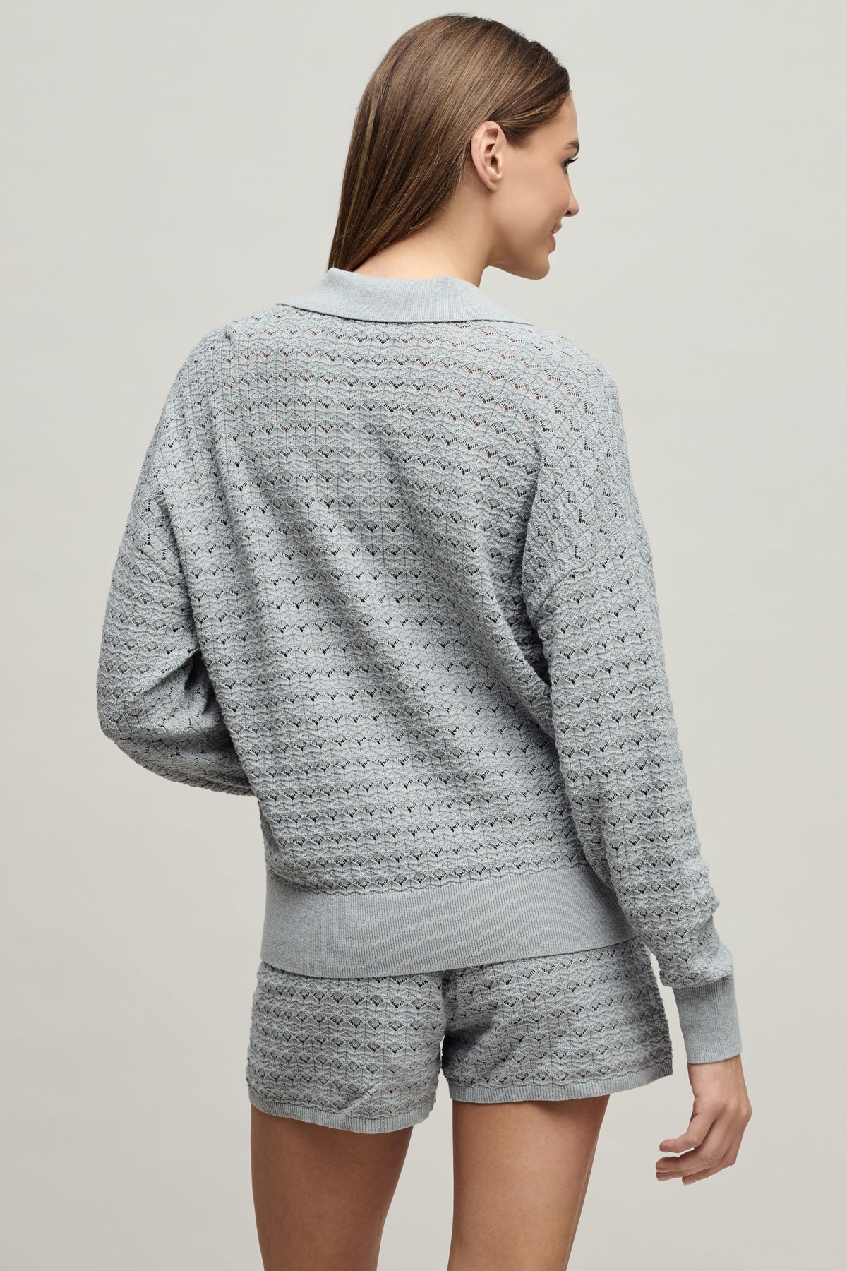 Heathered Cotton Tulip Pointelle Collared Pullover