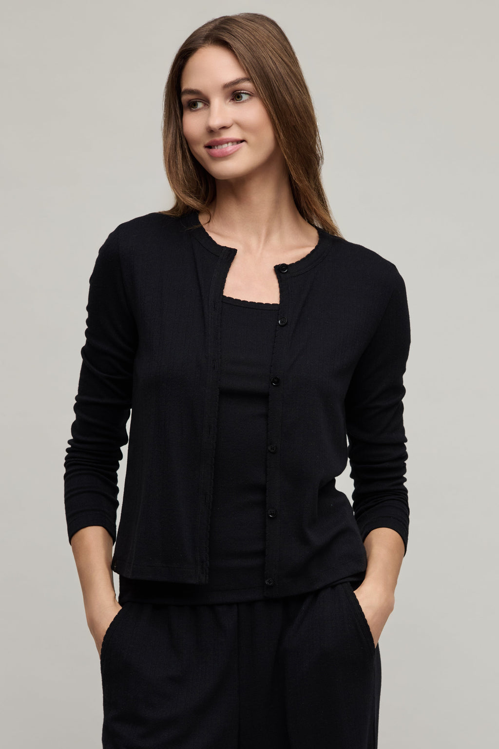 Pointelle Rib Cardigan with Scallop Trim