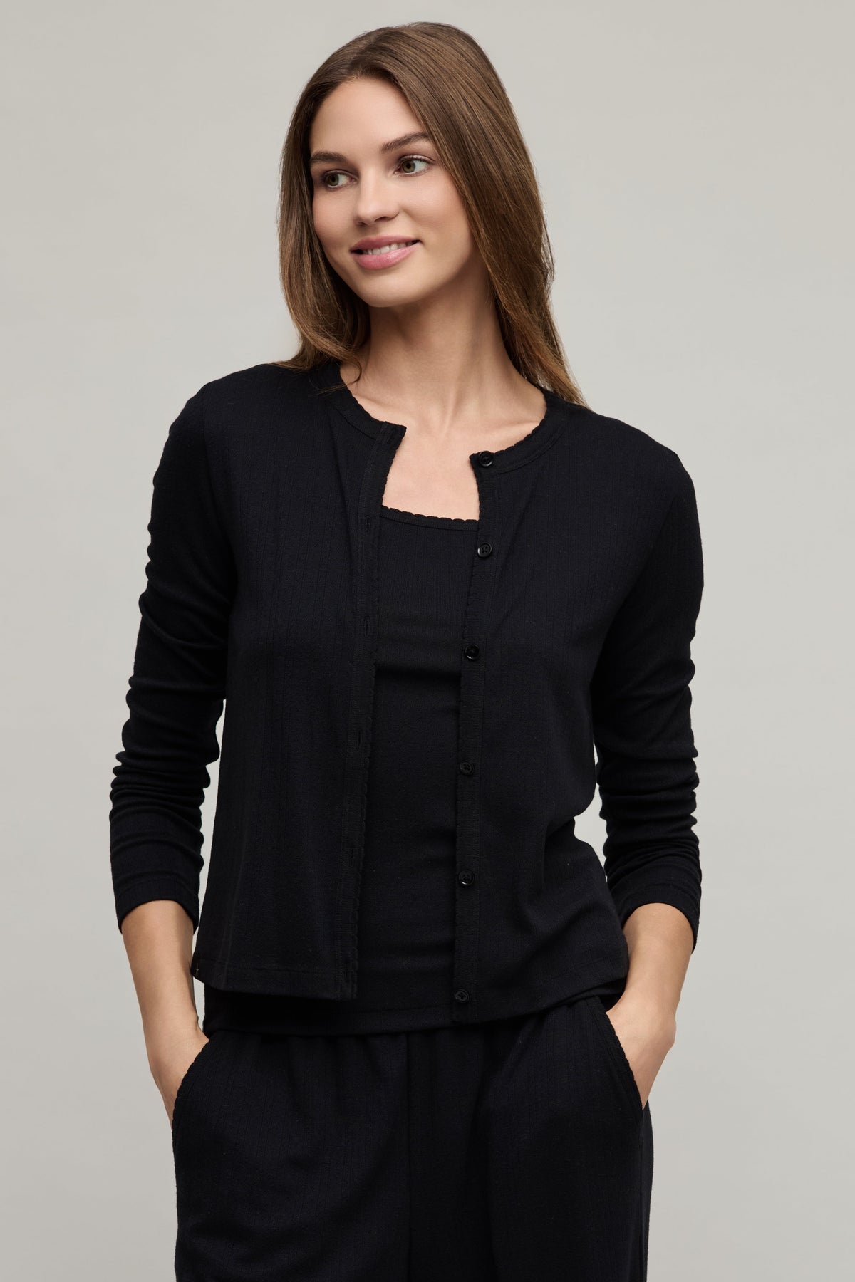 Pointelle Rib Cardigan with Scallop Trim